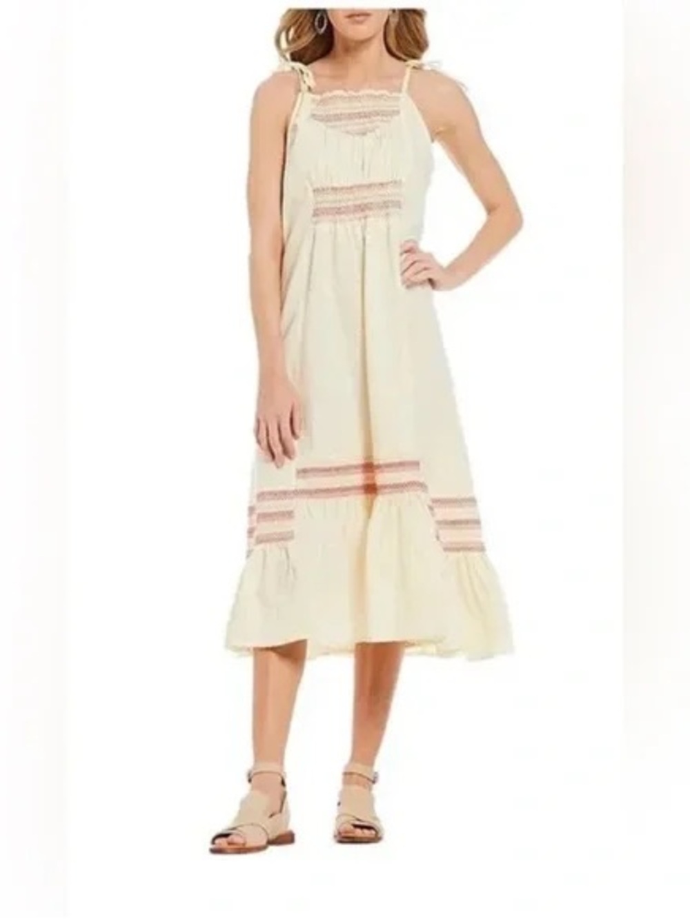 Free People Another Love Smocked Midi Dress Linen Blend Cream Red Size M